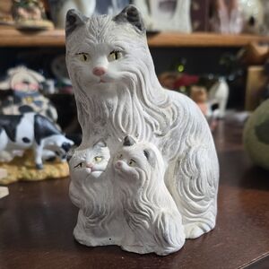 White Ceramic Cat Family Figurine - Mother & Kittens